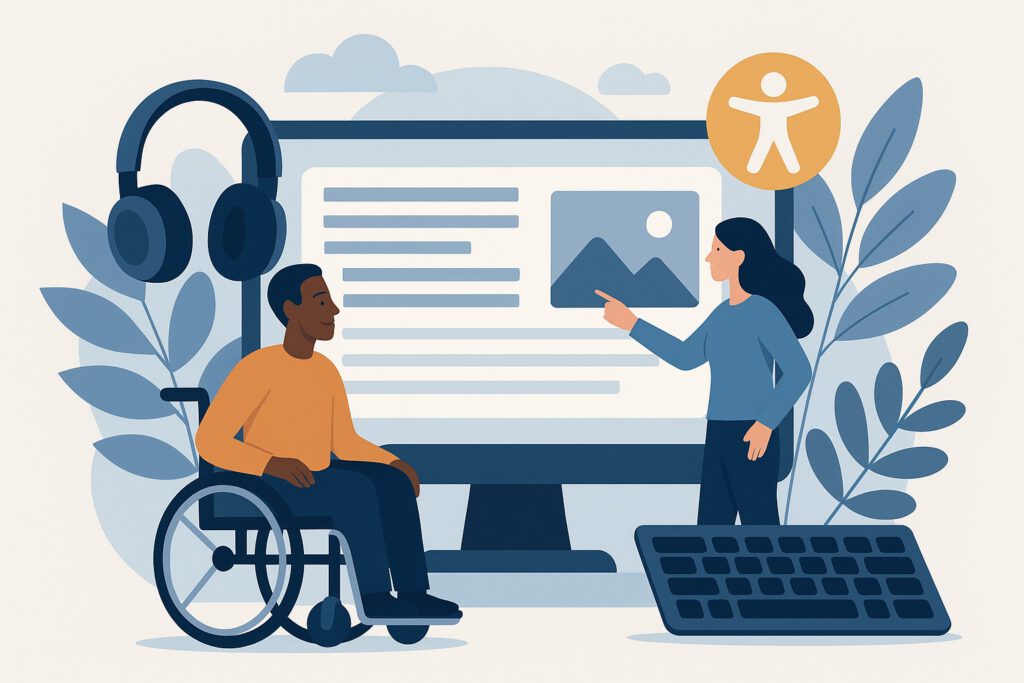 Man in een rolstoel en een vrouw die samen naar een groot computerscherm kijken. Op het scherm staan tekstblokken en een afbeelding. Rondom staan symbolen zoals een toetsenbord, een koptelefoon en het toegankelijkheidssymbool.